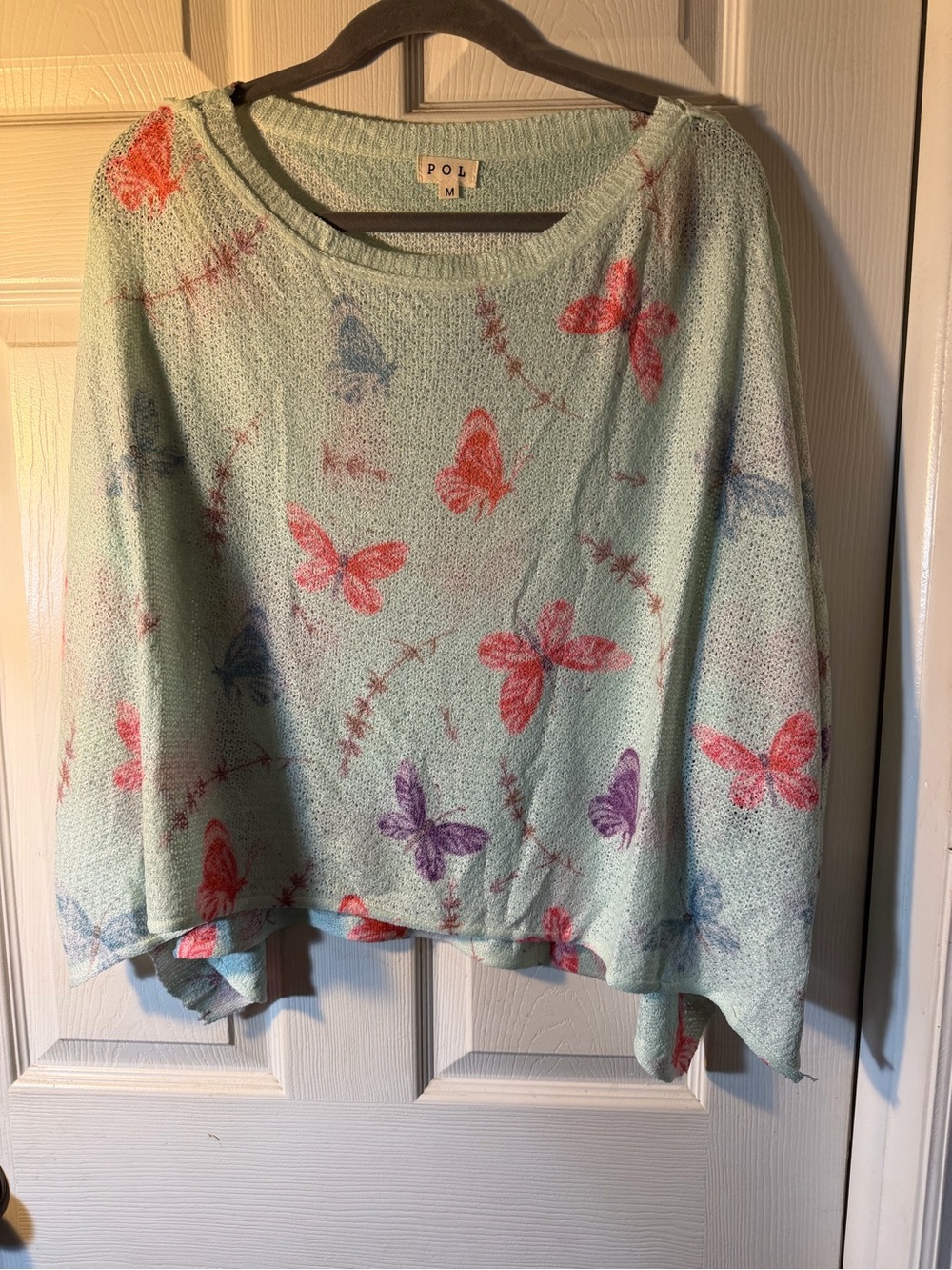 POL Mint Crewneck Sweater with Coral, Purple & Blue Butterflies